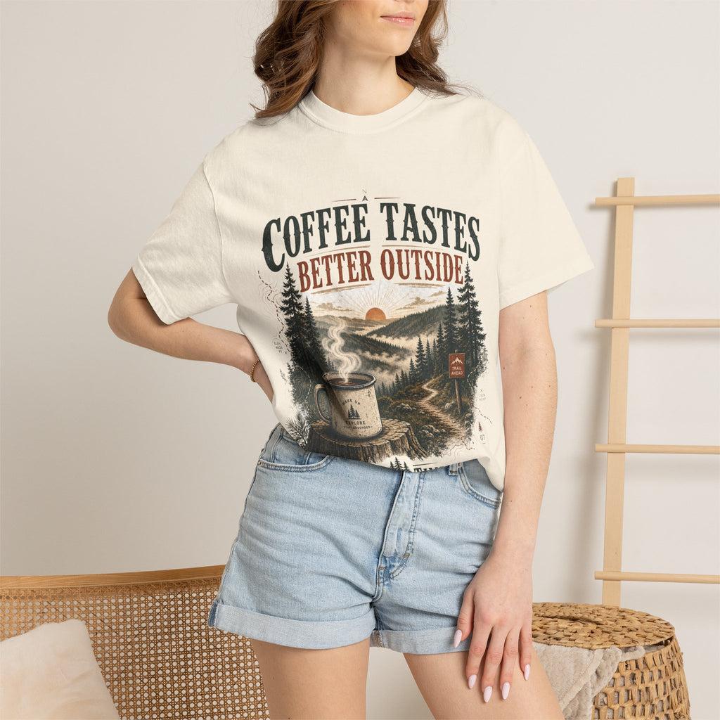 Coffee Tastes Better Outside T-shirt | Outdoor Camping Campfire Morning Design