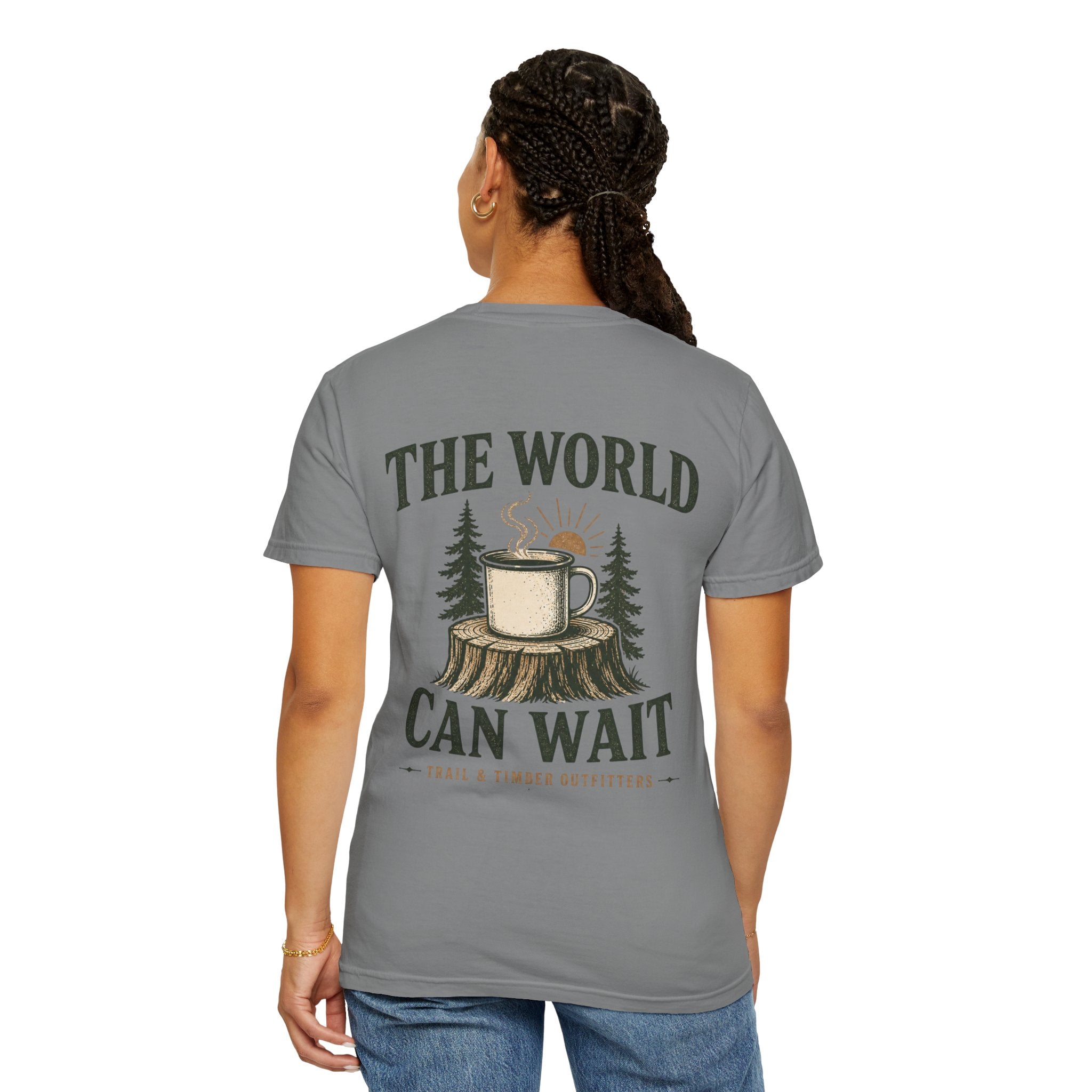 The World Can Wait™ Graphic Tee — Cozy Camping Coffee Tee