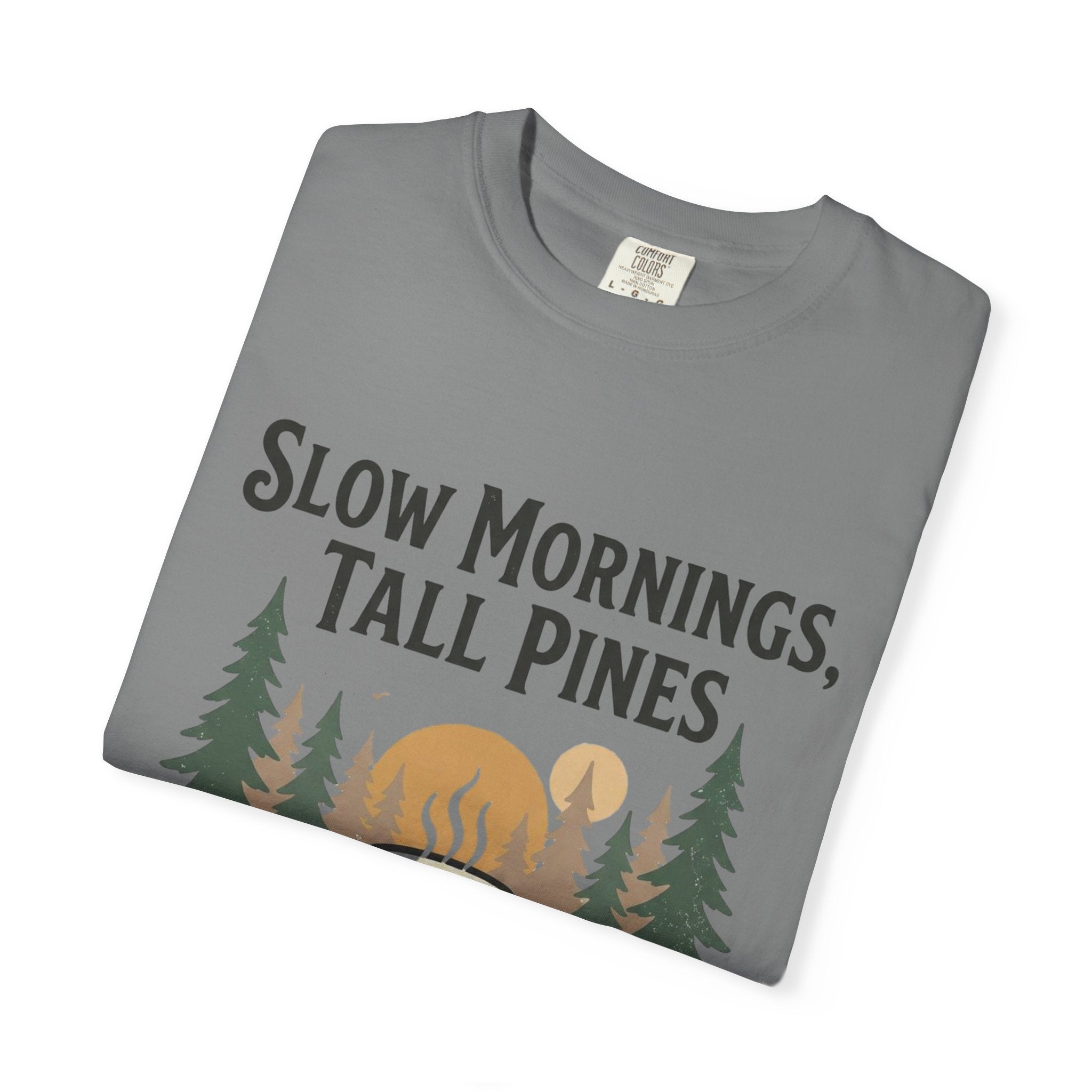 Slow Mornings, Tall Pines T‑Shirt — Coffee Cabin Outdoor Tee