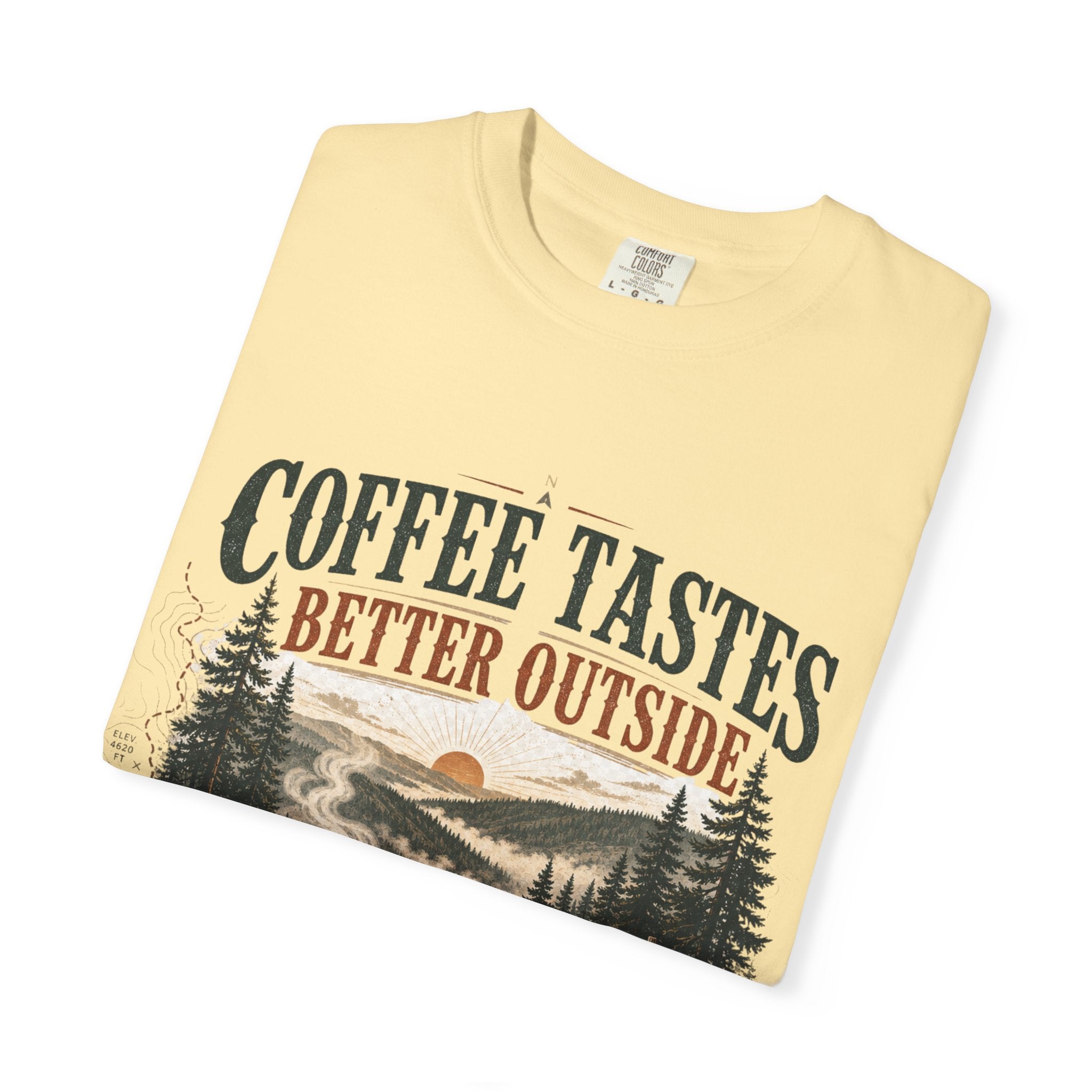 Coffee Tastes Better Outside T-shirt | Outdoor Camping Campfire Morning Design