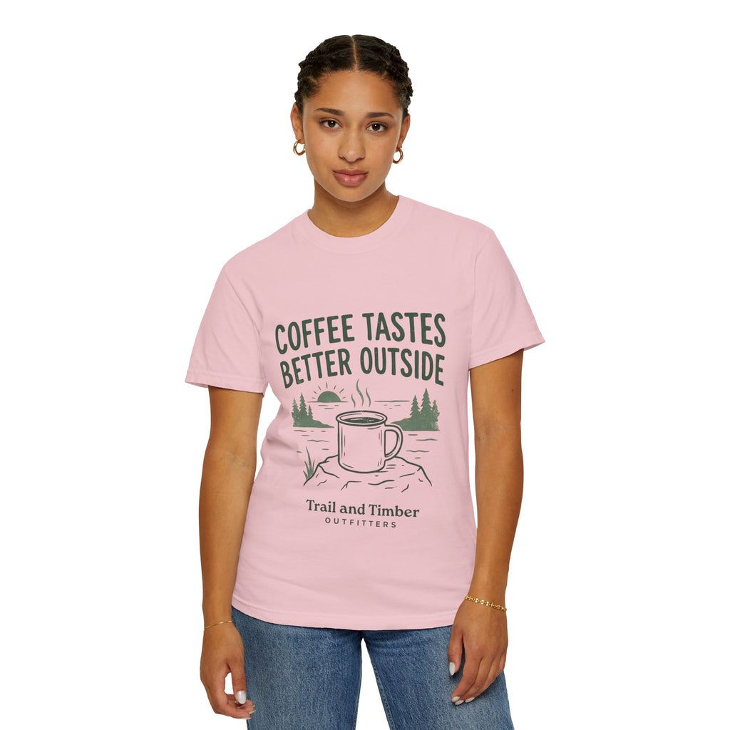 Coffee Tastes Better Outside T-Shirt — Outdoor Camping Mug Tee
