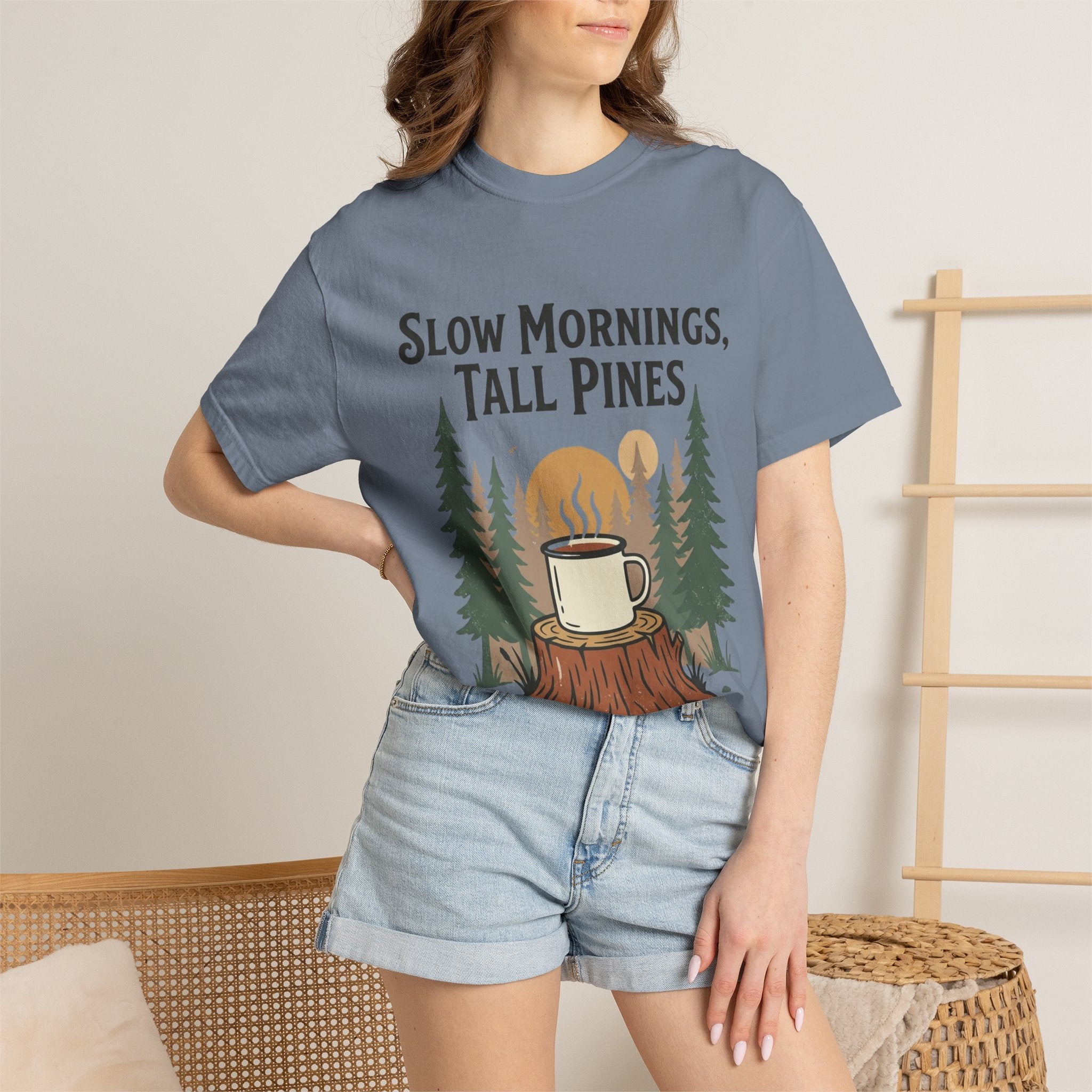 Slow Mornings, Tall Pines T‑Shirt — Coffee Cabin Outdoor Tee