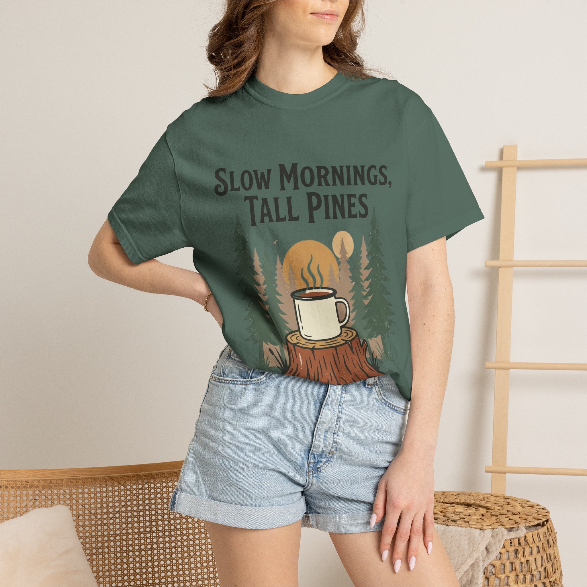 Slow Mornings, Tall Pines T‑Shirt — Coffee Cabin Outdoor Tee