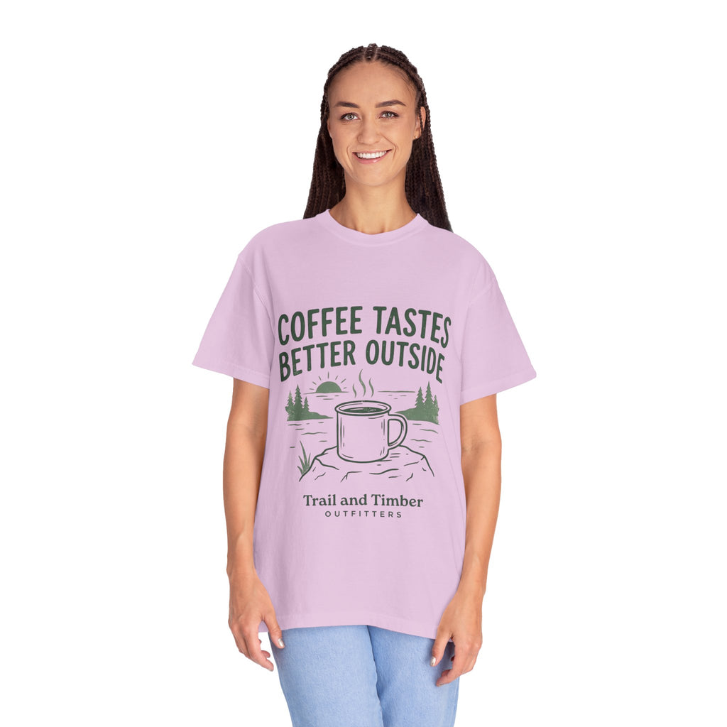 Coffee Tastes Better Outside T-Shirt — Outdoor Camping Mug Tee