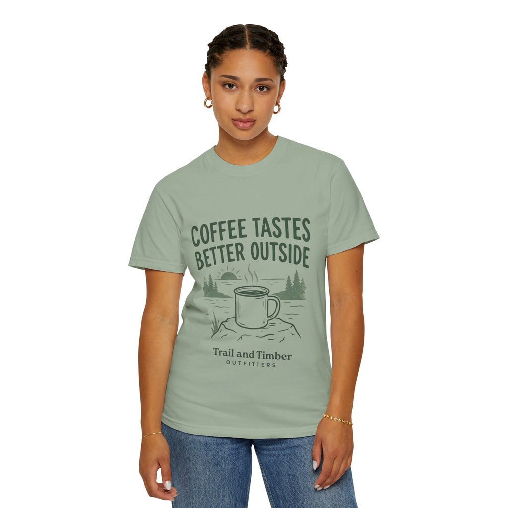 Coffee Tastes Better Outside T-Shirt — Outdoor Camping Mug Tee