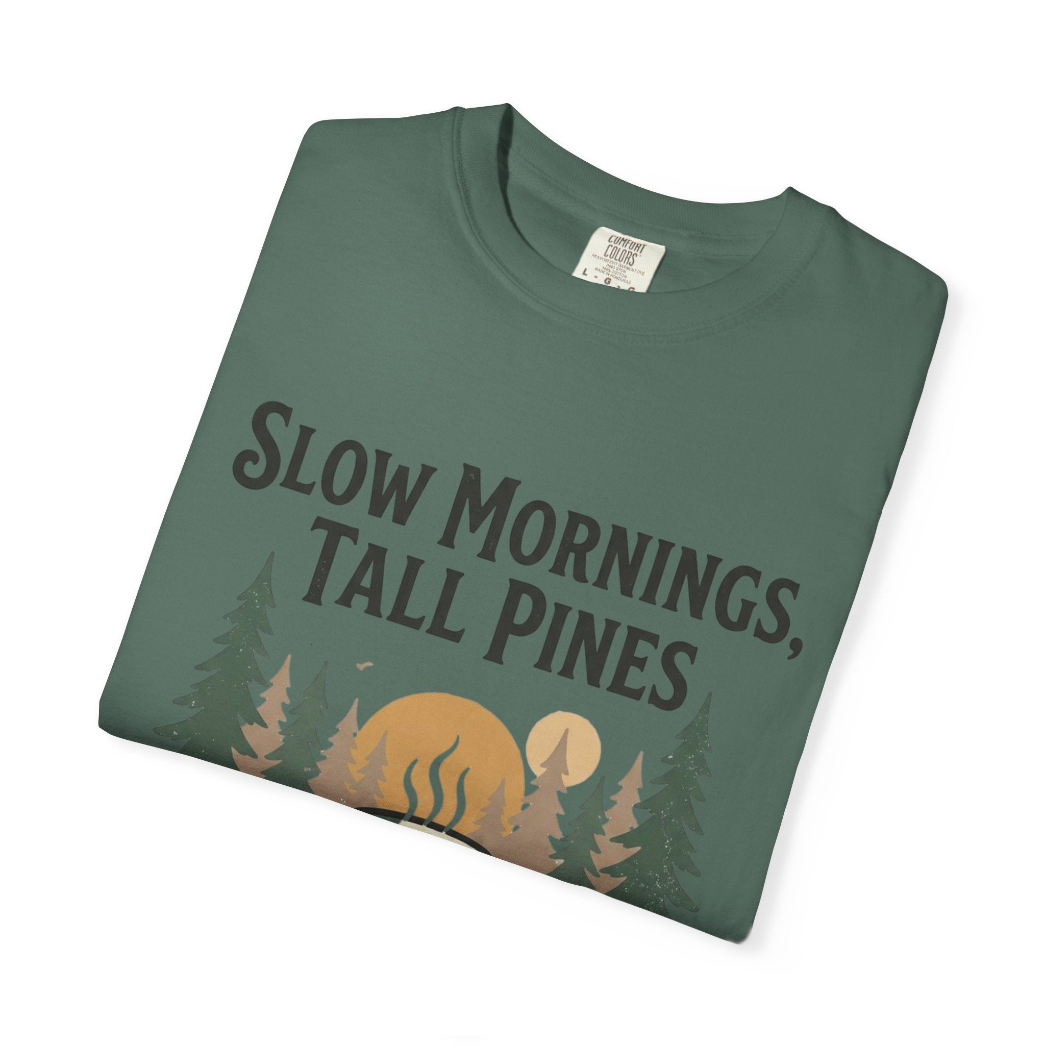 Slow Mornings, Tall Pines T‑Shirt — Coffee Cabin Outdoor Tee