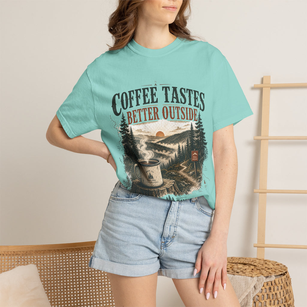Coffee Tastes Better Outside T-shirt | Outdoor Camping Campfire Morning Design