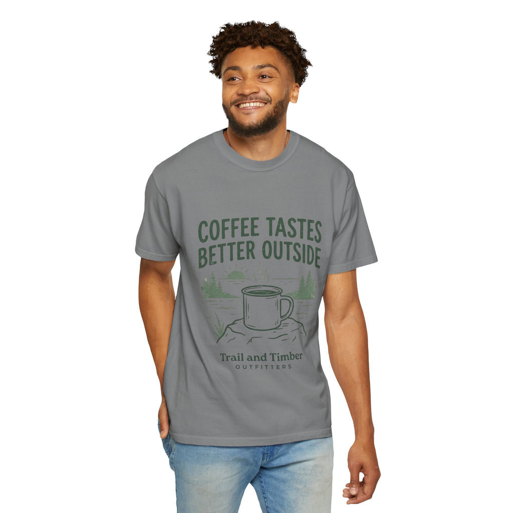 Coffee Tastes Better Outside T-Shirt — Outdoor Camping Mug Tee