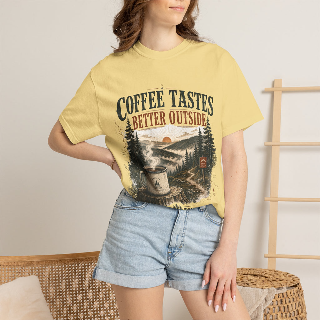 Coffee Tastes Better Outside T-shirt | Outdoor Camping Campfire Morning Design