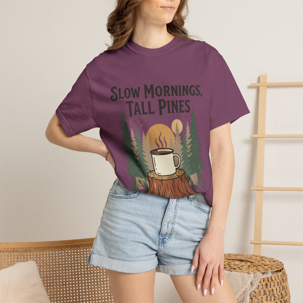 Slow Mornings, Tall Pines T‑Shirt — Coffee Cabin Outdoor Tee