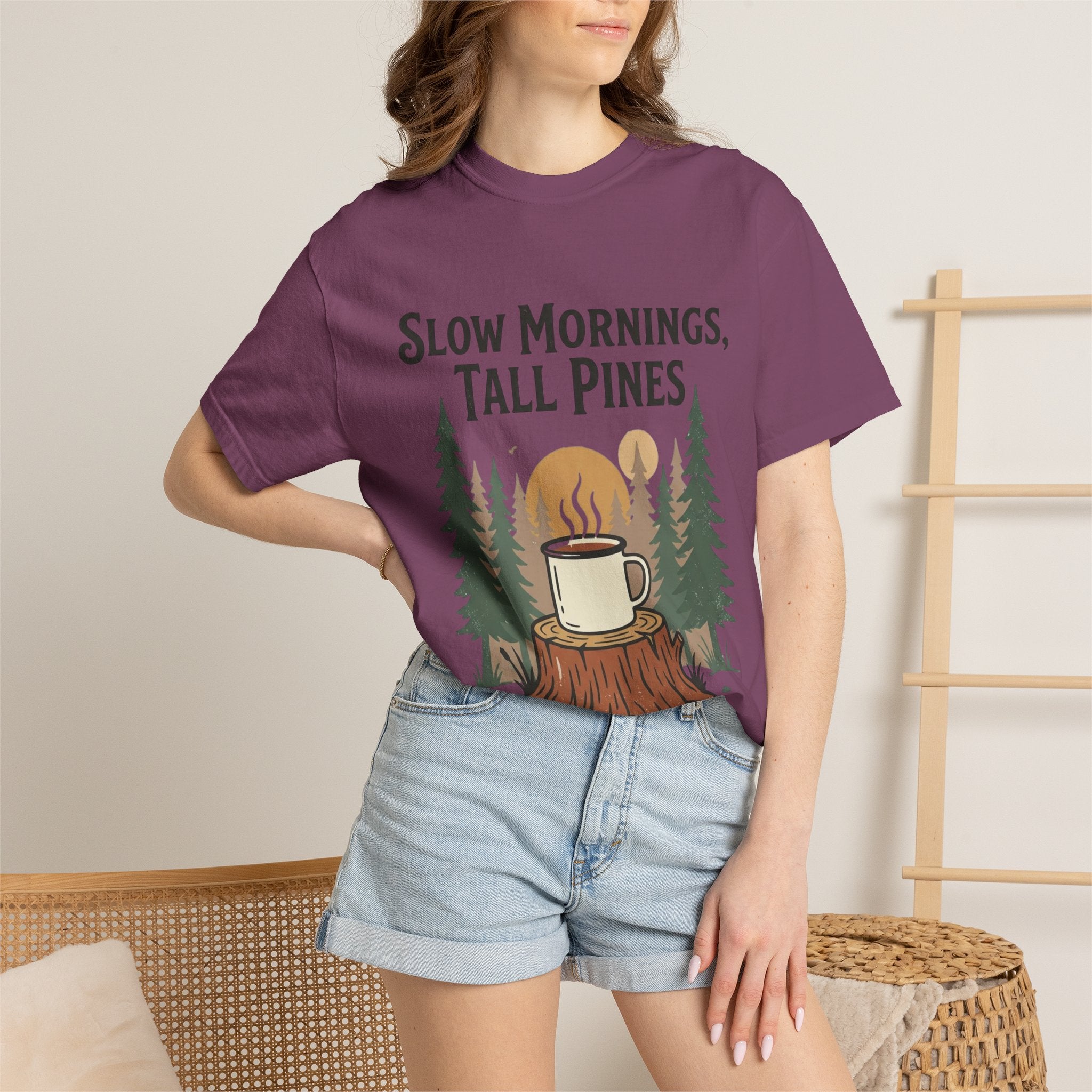 Slow Mornings, Tall Pines T‑Shirt — Coffee Cabin Outdoor Tee