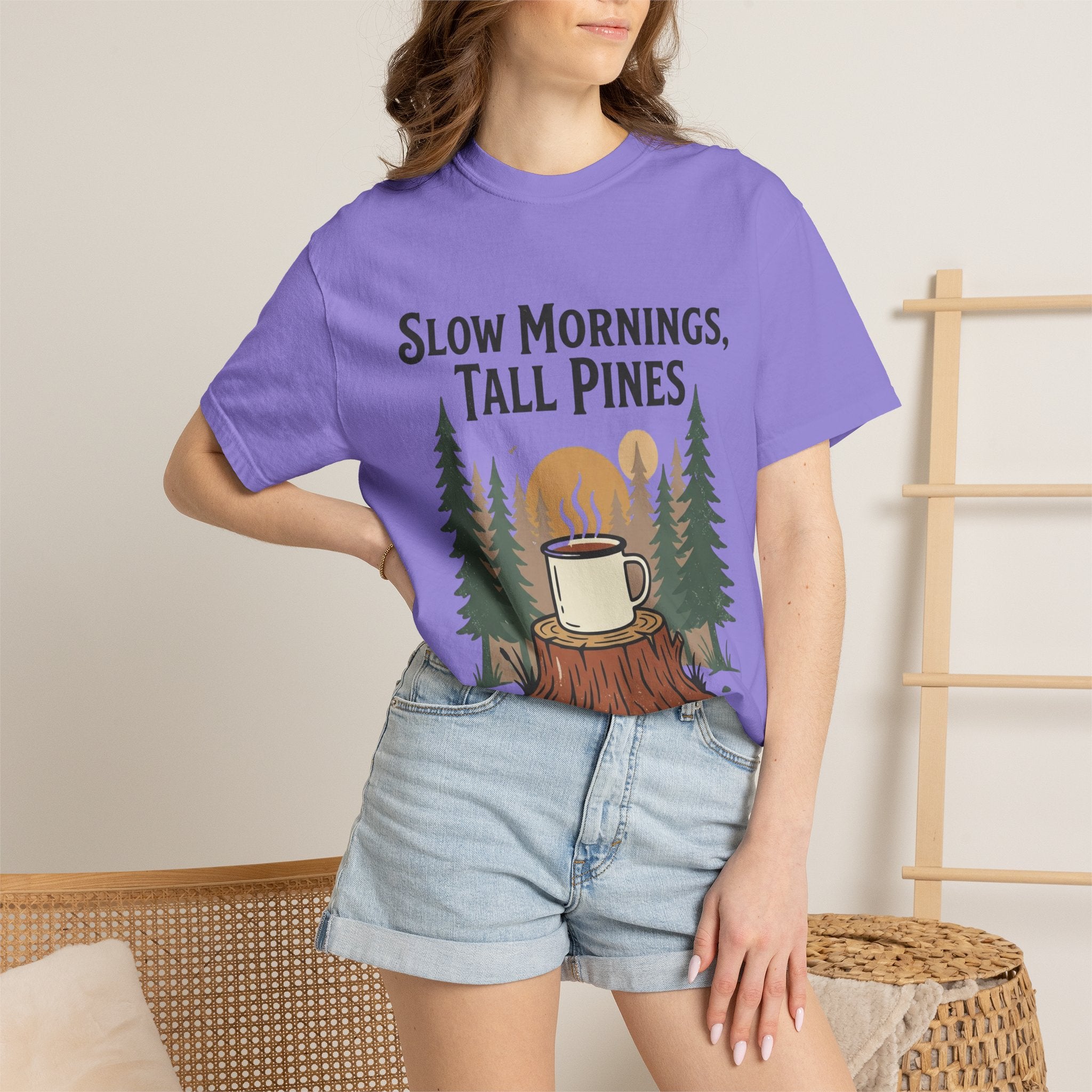 Slow Mornings, Tall Pines T‑Shirt — Coffee Cabin Outdoor Tee