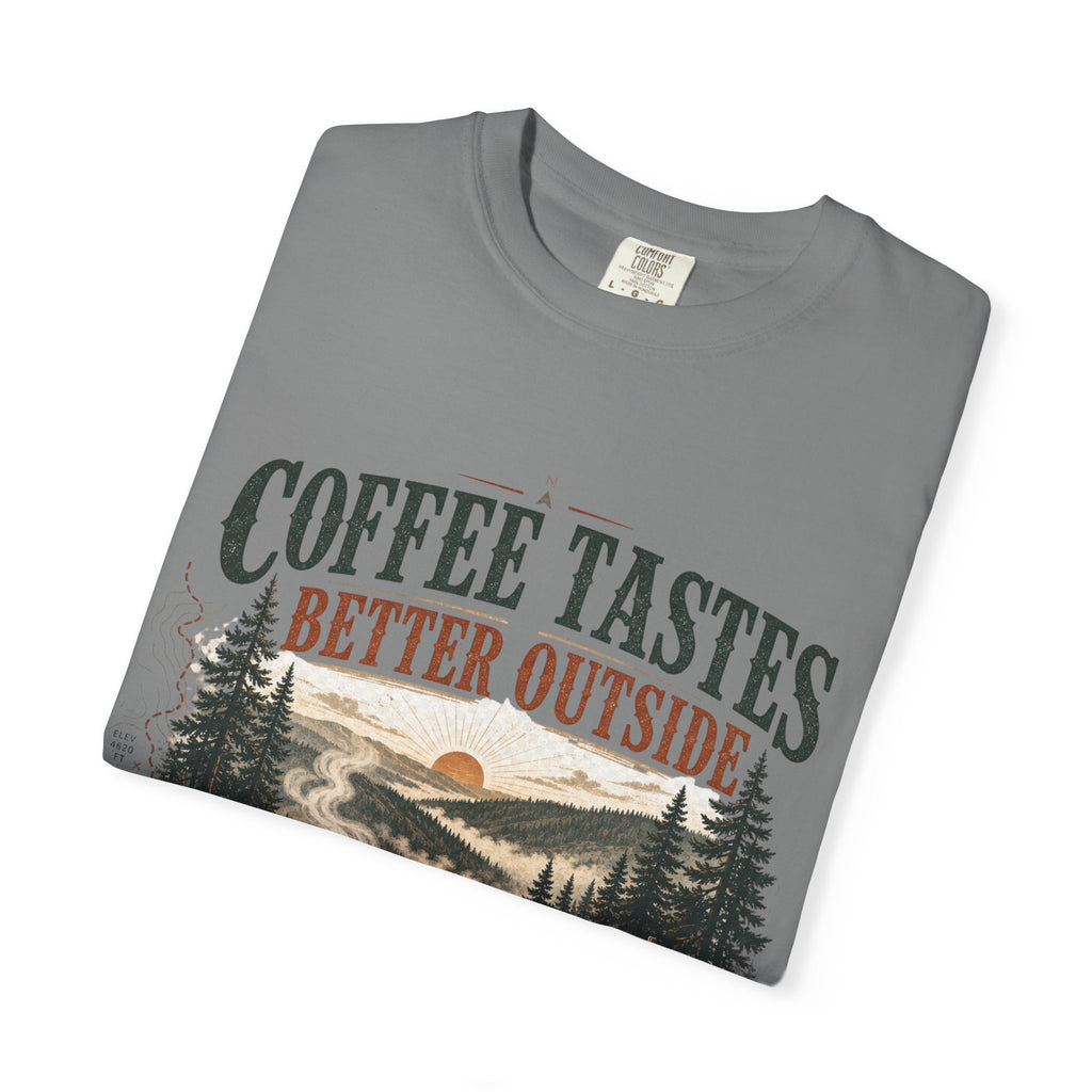 Coffee Tastes Better Outside T-shirt | Outdoor Camping Campfire Morning Design