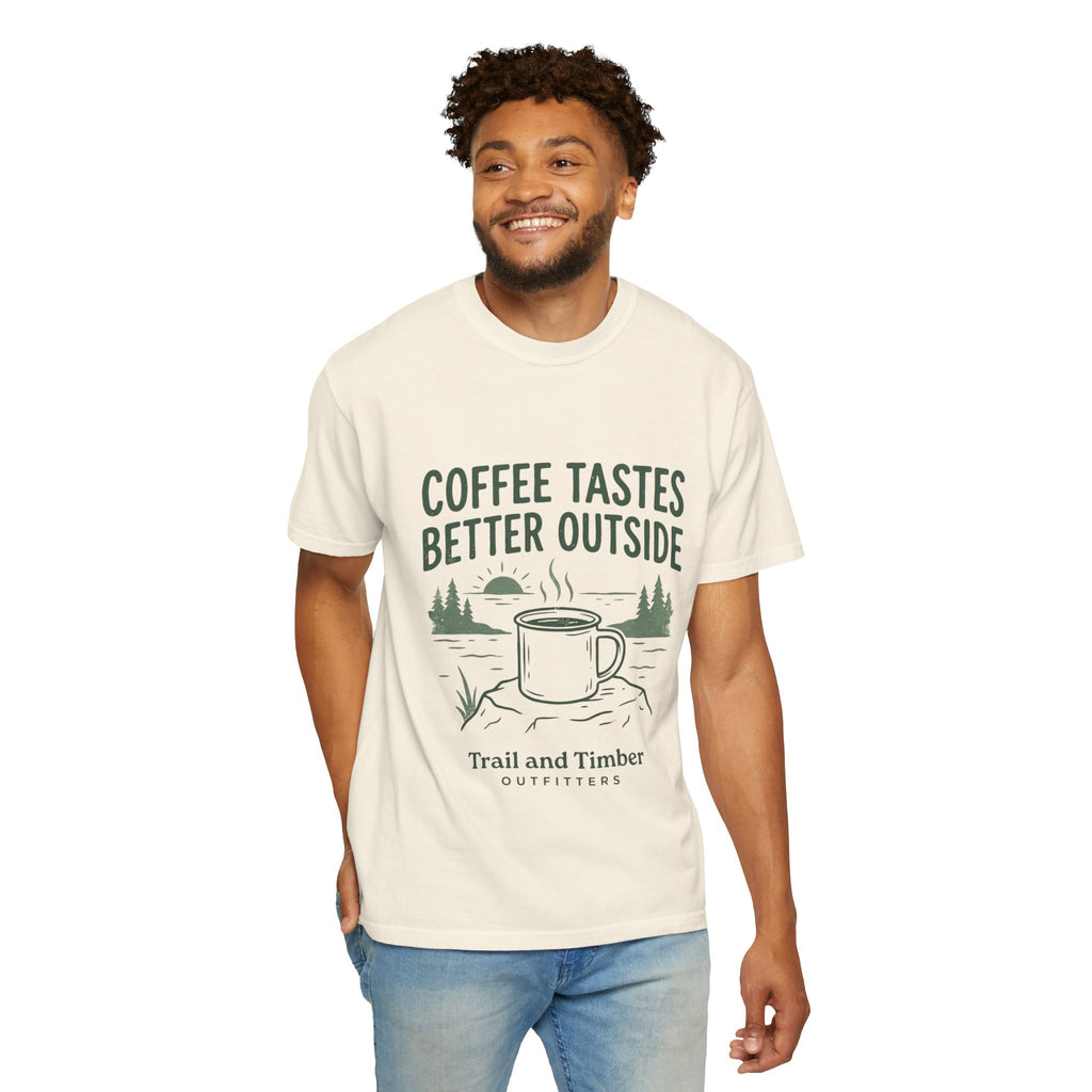 Coffee Tastes Better Outside T-Shirt — Outdoor Camping Mug Tee