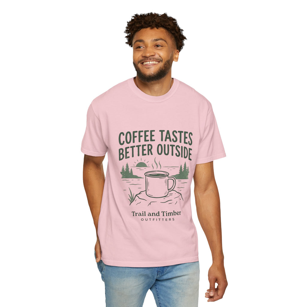 Coffee Tastes Better Outside T-Shirt — Outdoor Camping Mug Tee
