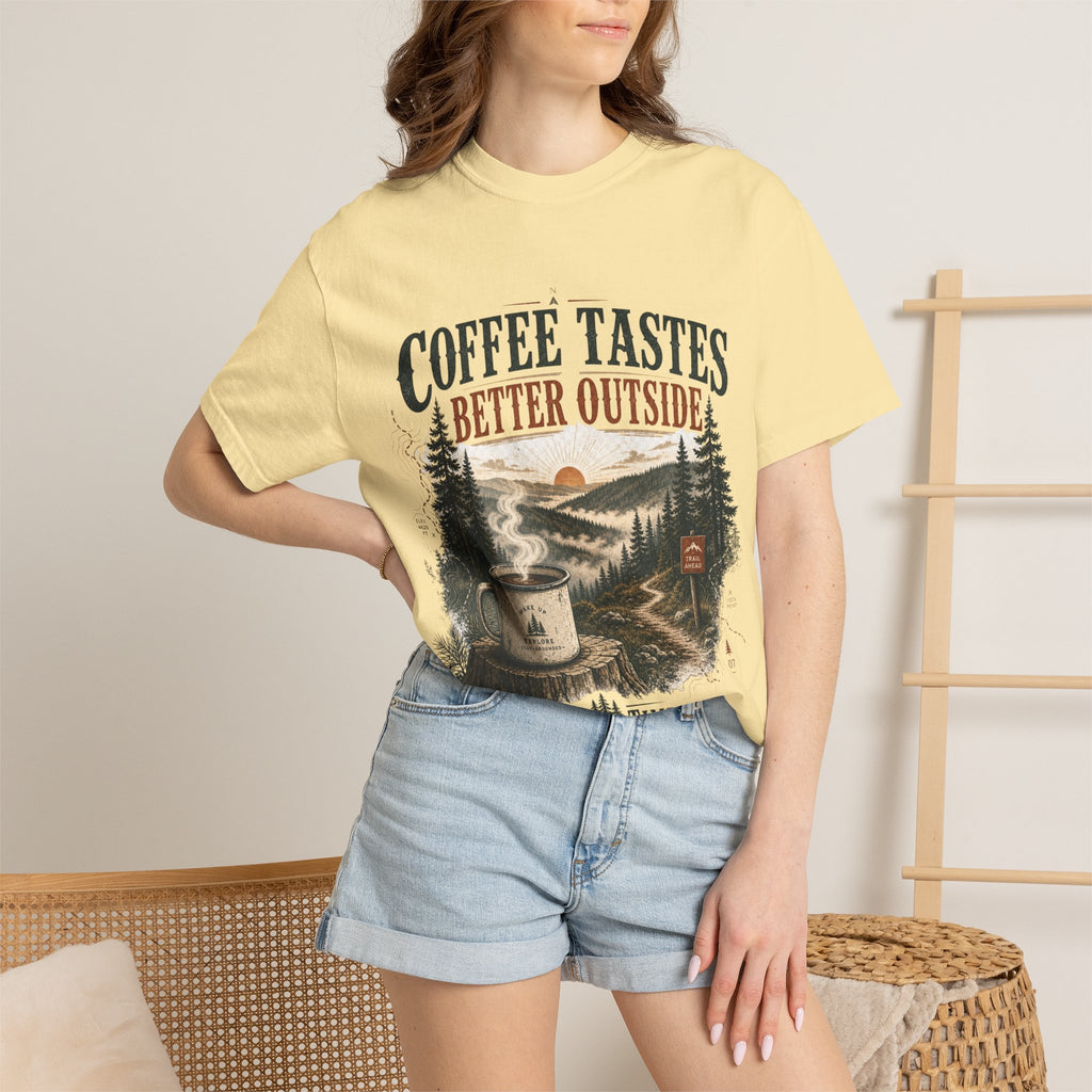 Coffee Tastes Better Outside T-shirt | Outdoor Camping Campfire Morning Design