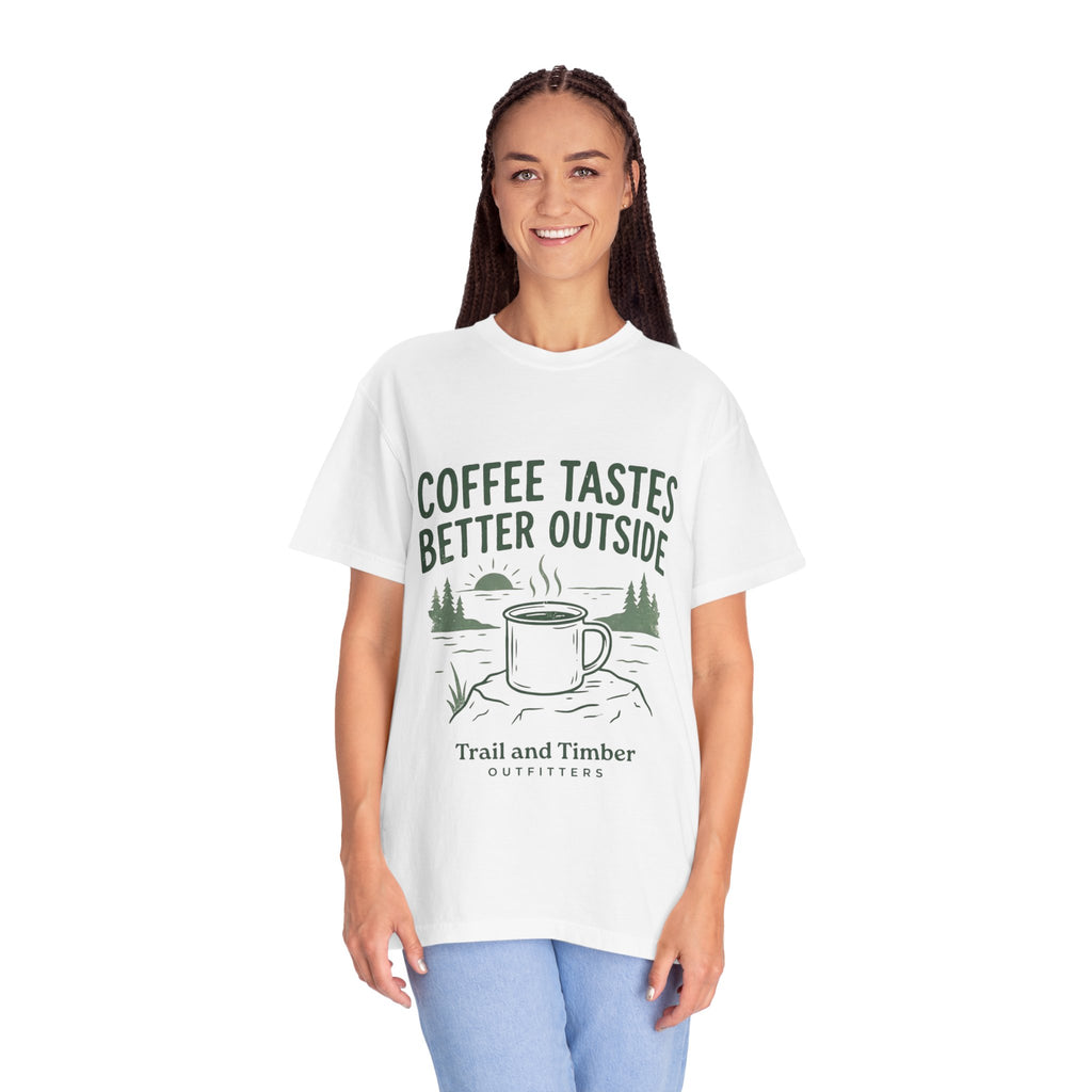 Coffee Tastes Better Outside T-Shirt — Outdoor Camping Mug Tee