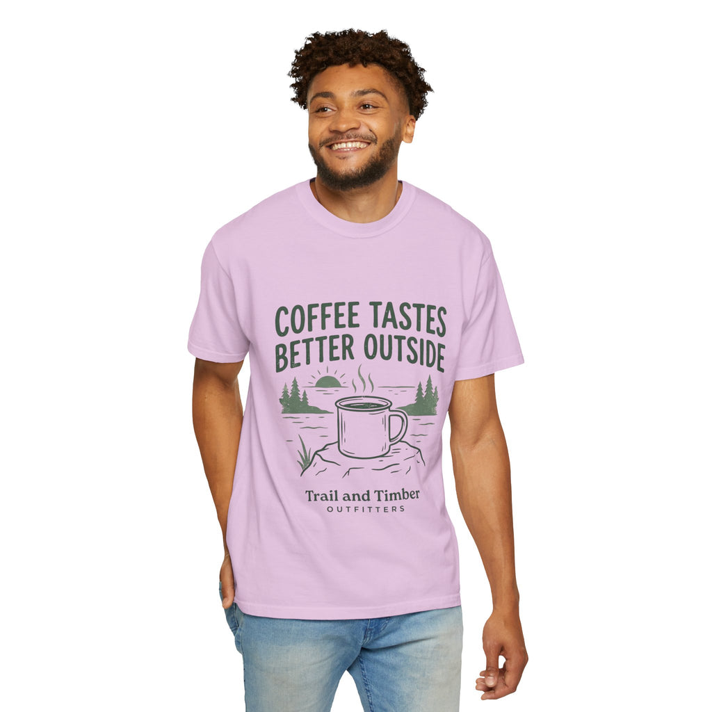 Coffee Tastes Better Outside T-Shirt — Outdoor Camping Mug Tee
