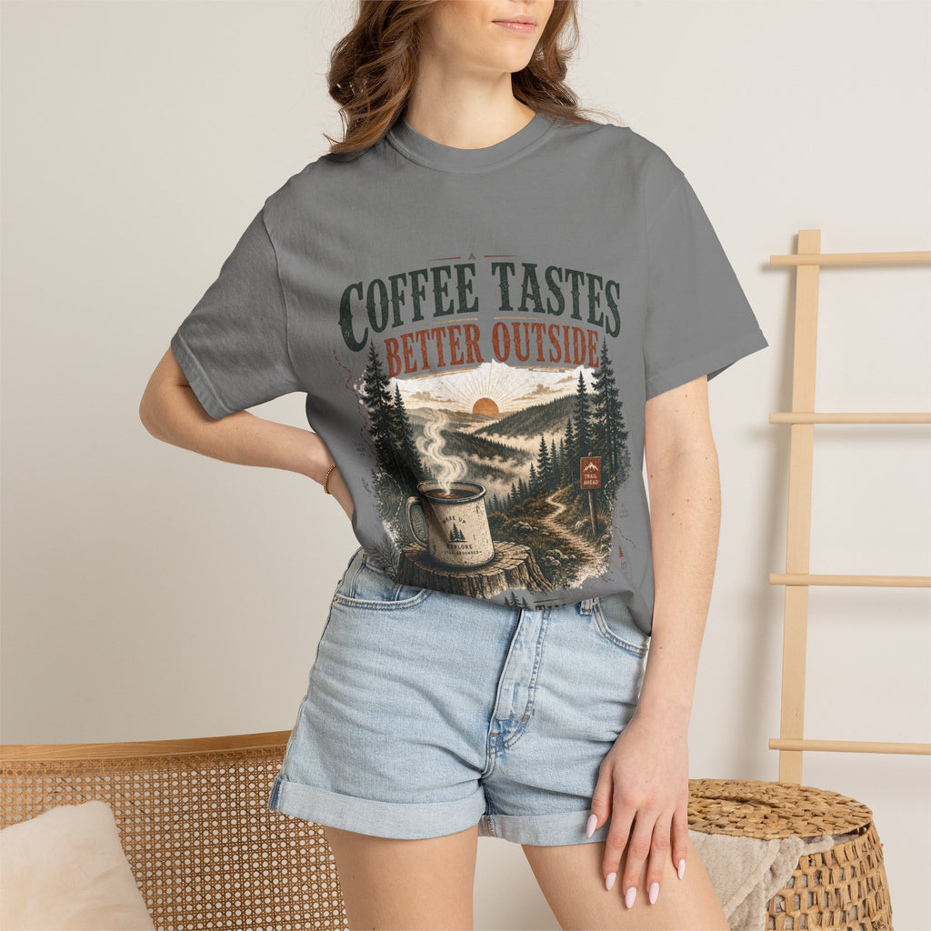 Coffee Tastes Better Outside T-shirt | Outdoor Camping Campfire Morning Design