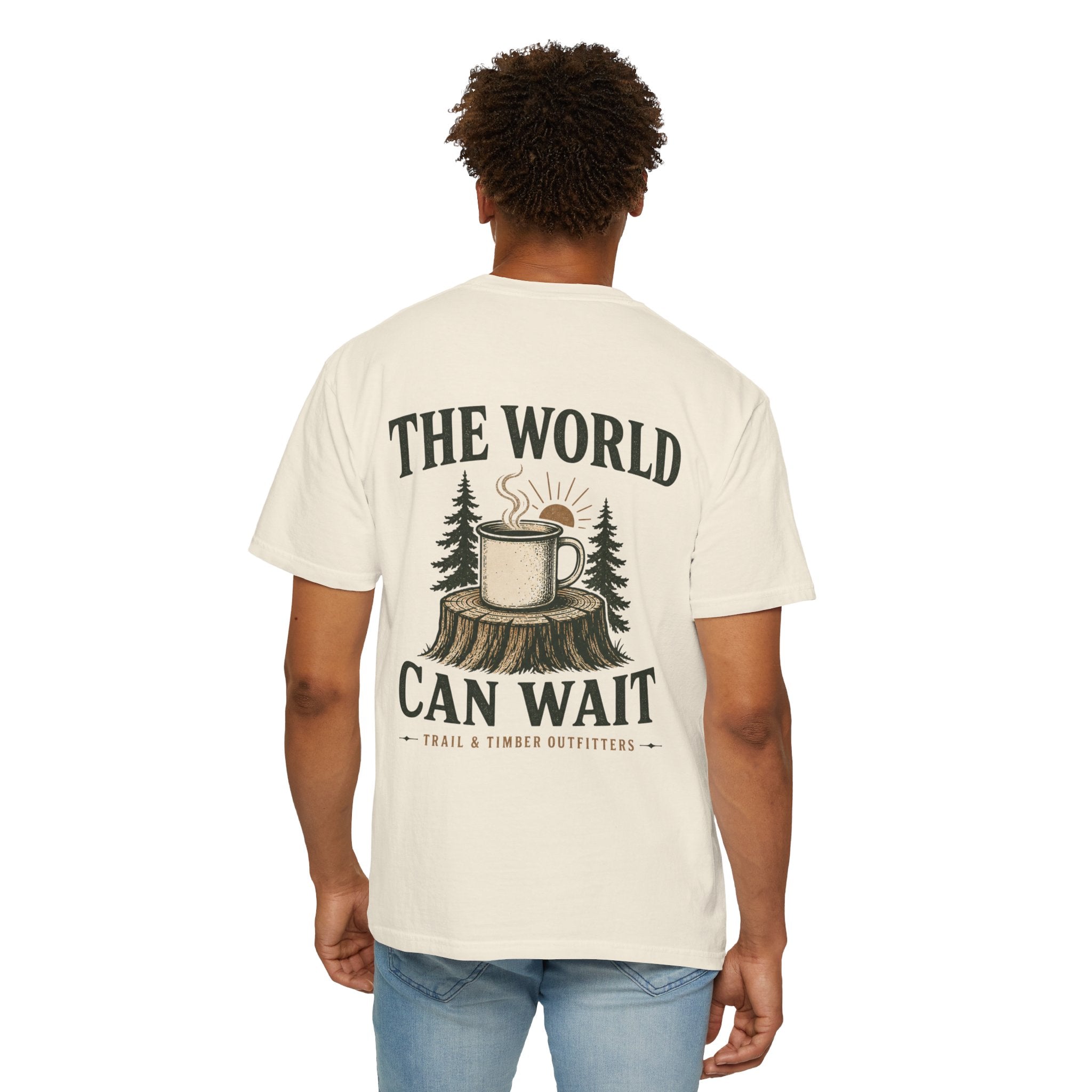 The World Can Wait™ Graphic Tee — Cozy Camping Coffee Tee