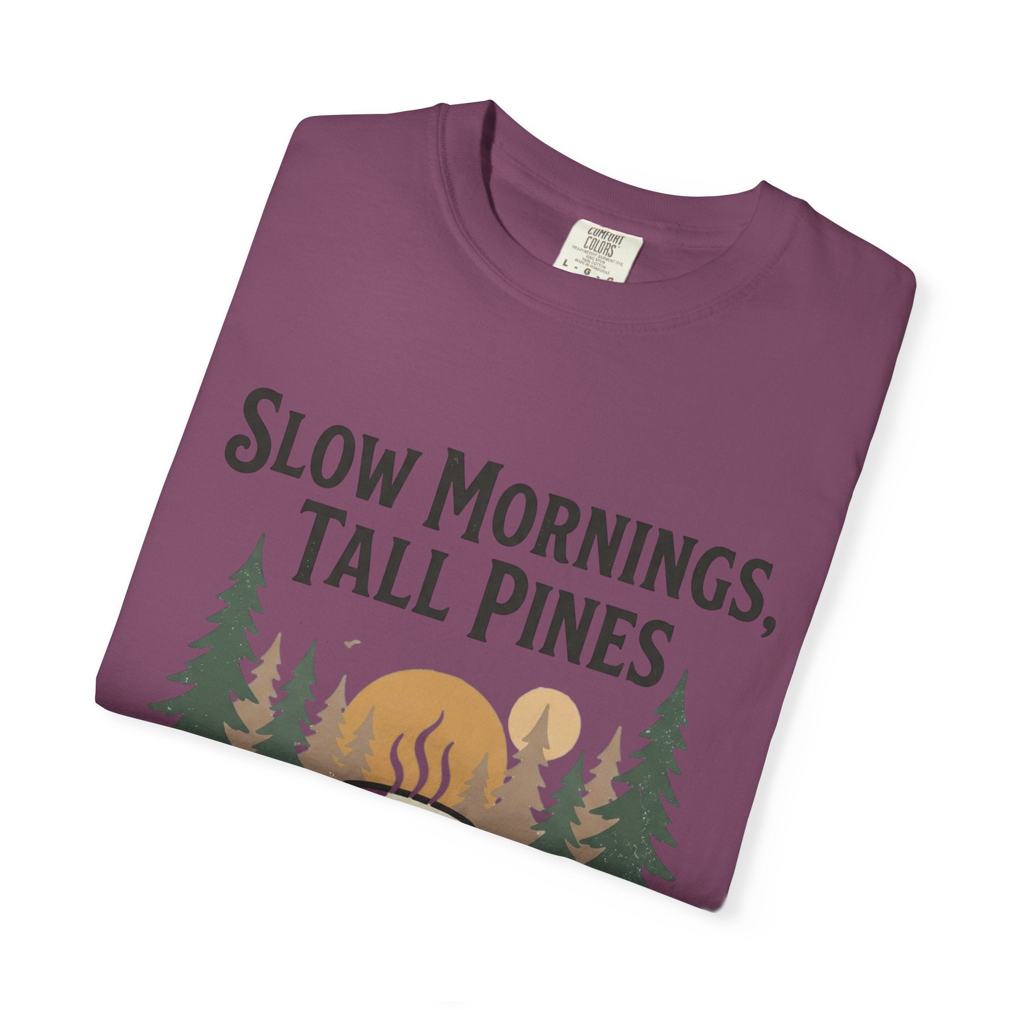 Slow Mornings, Tall Pines T‑Shirt — Coffee Cabin Outdoor Tee