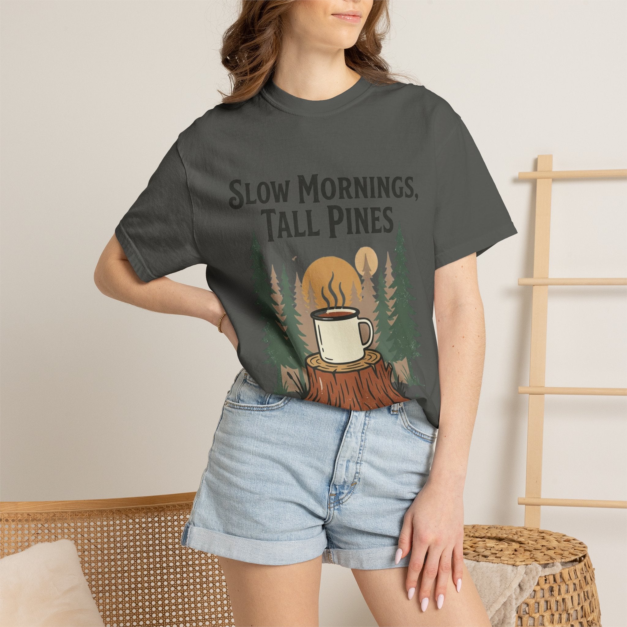 Slow Mornings, Tall Pines T‑Shirt — Coffee Cabin Outdoor Tee