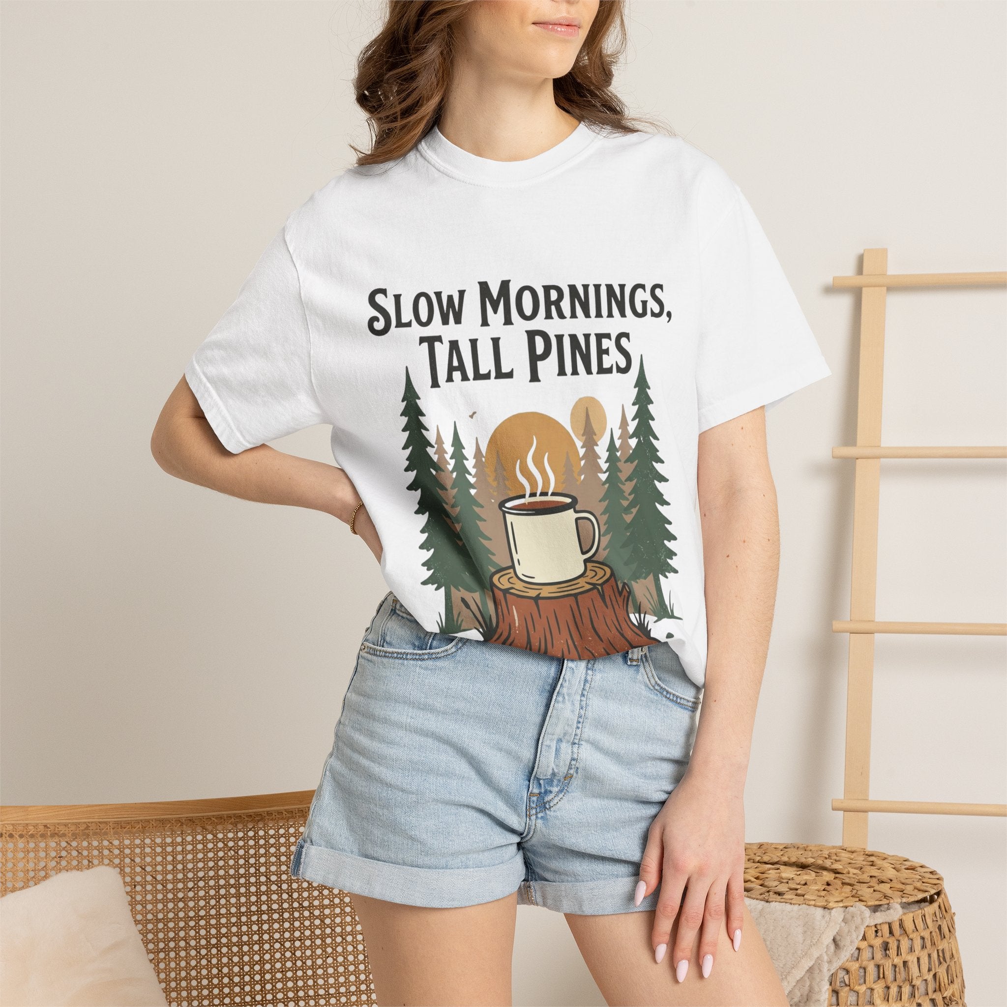 Slow Mornings, Tall Pines T‑Shirt — Coffee Cabin Outdoor Tee