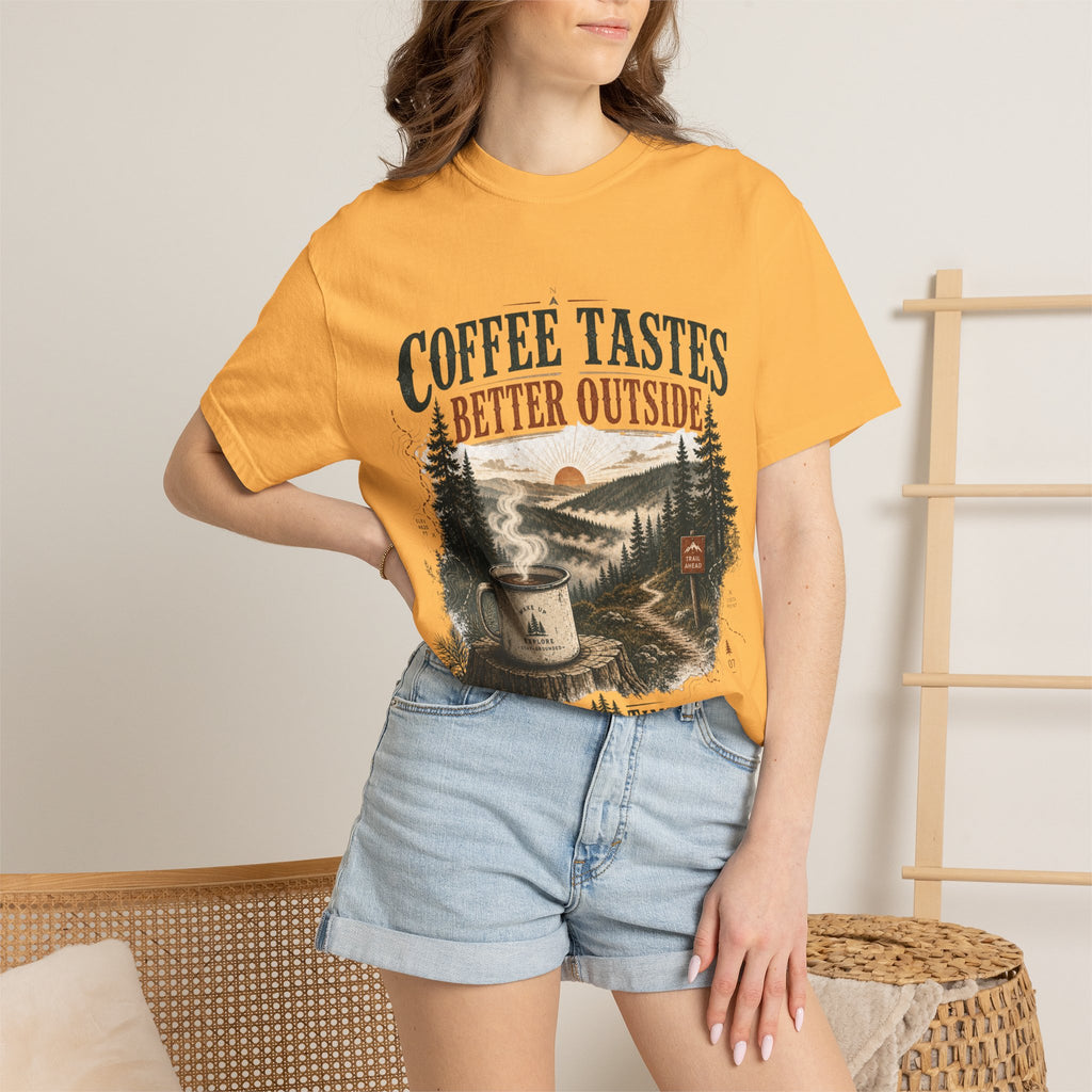 Coffee Tastes Better Outside T-shirt | Outdoor Camping Campfire Morning Design