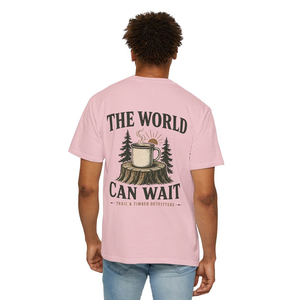 The World Can Wait™ Graphic Tee — Cozy Camping Coffee Tee