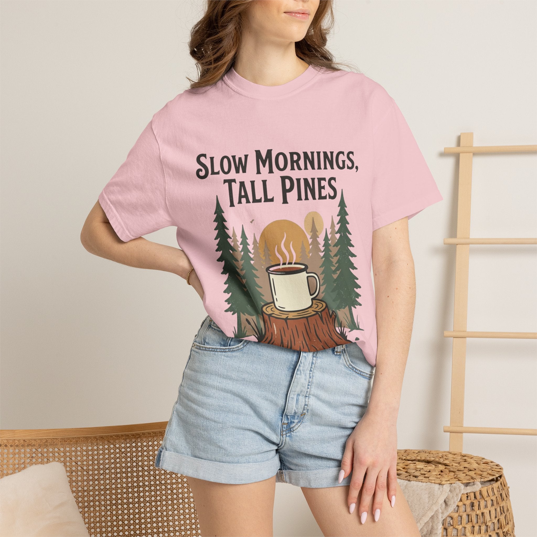 Slow Mornings, Tall Pines T‑Shirt — Coffee Cabin Outdoor Tee