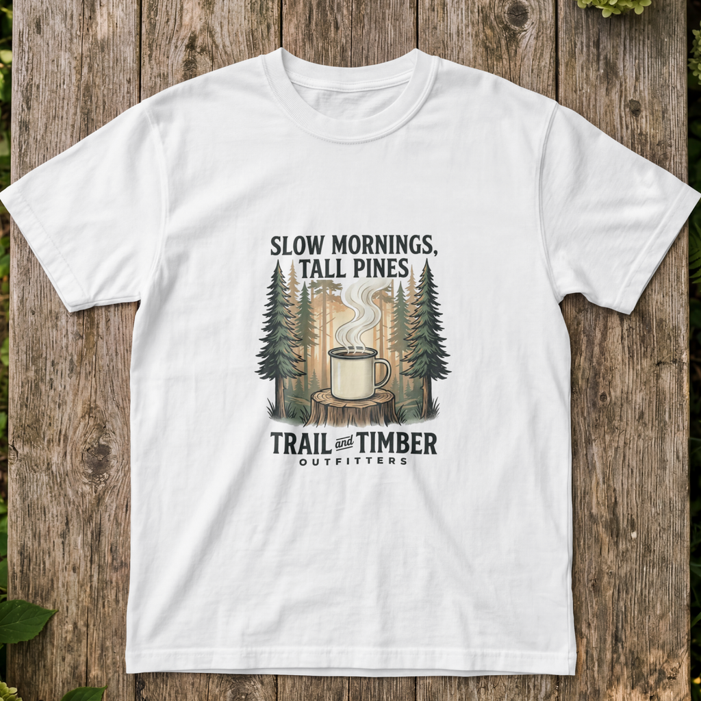 Slow Mornings, Tall Pines T‑Shirt — Coffee Cabin Outdoor Tee